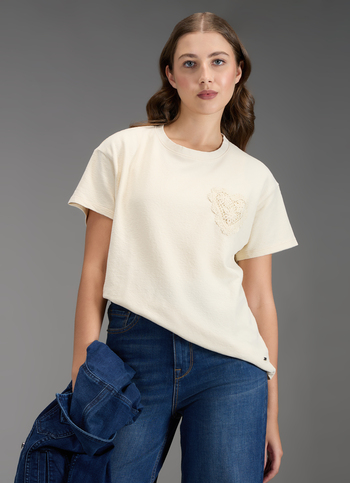 Women Beige Embroidered Comfort Fit T-shirt