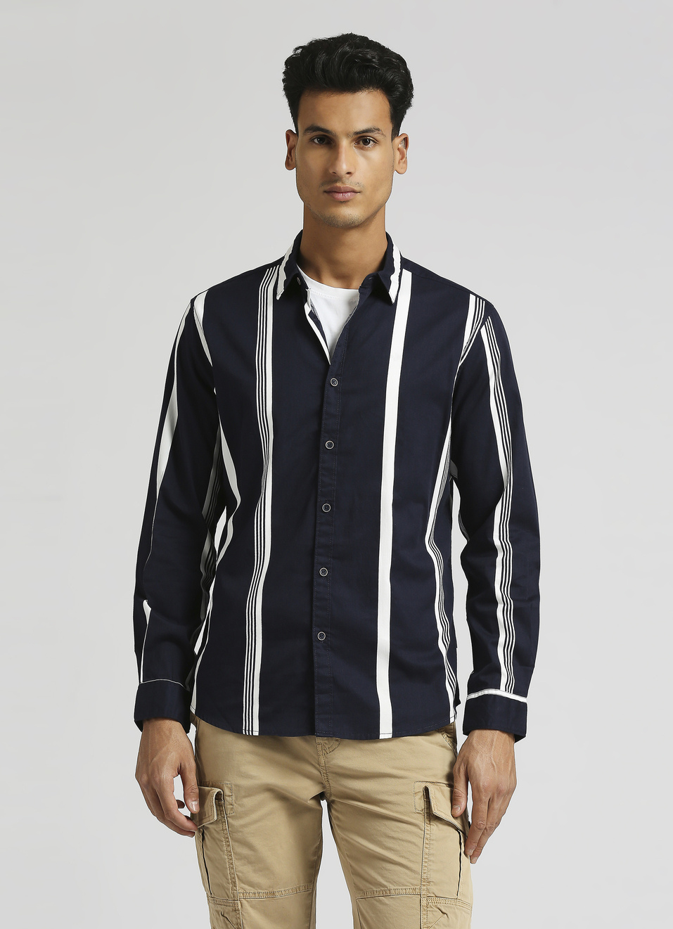 Navy Narrow Stripes Twill Long Sleeve Shirt, , large image number 1