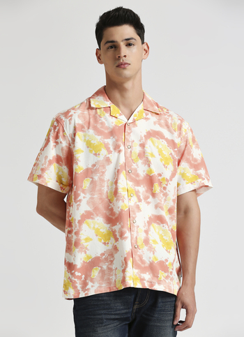 Peach Tie And Dye Print Short Sleeve Shirt