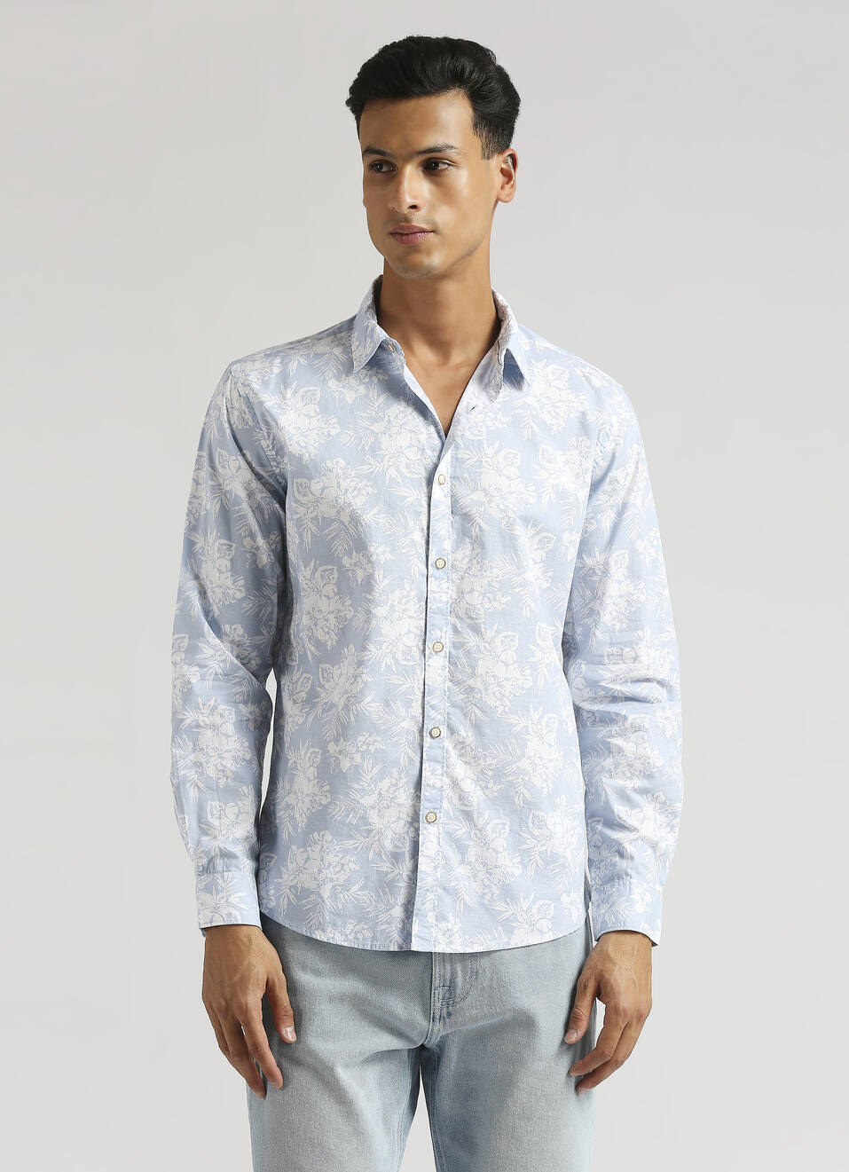 Sky Blue Floral Print Long Sleeve Shirt, , large image number 1