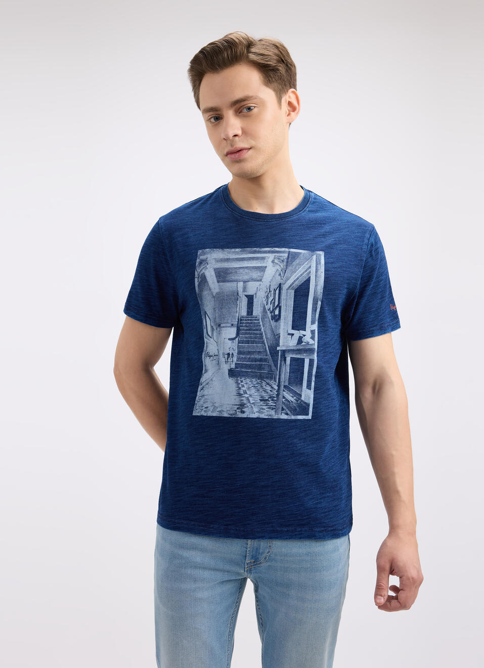 Men Indigo Photographic Print Short Sleeve T-shirt, , large image number 1