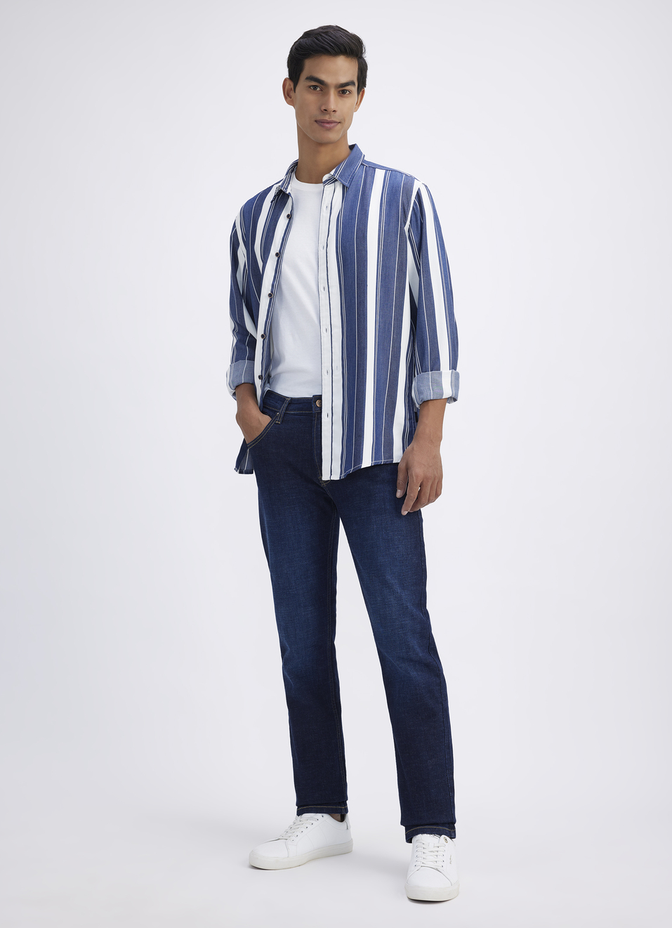 Men Navy & White Bold Striped Cotton Shirt, , large image number 5