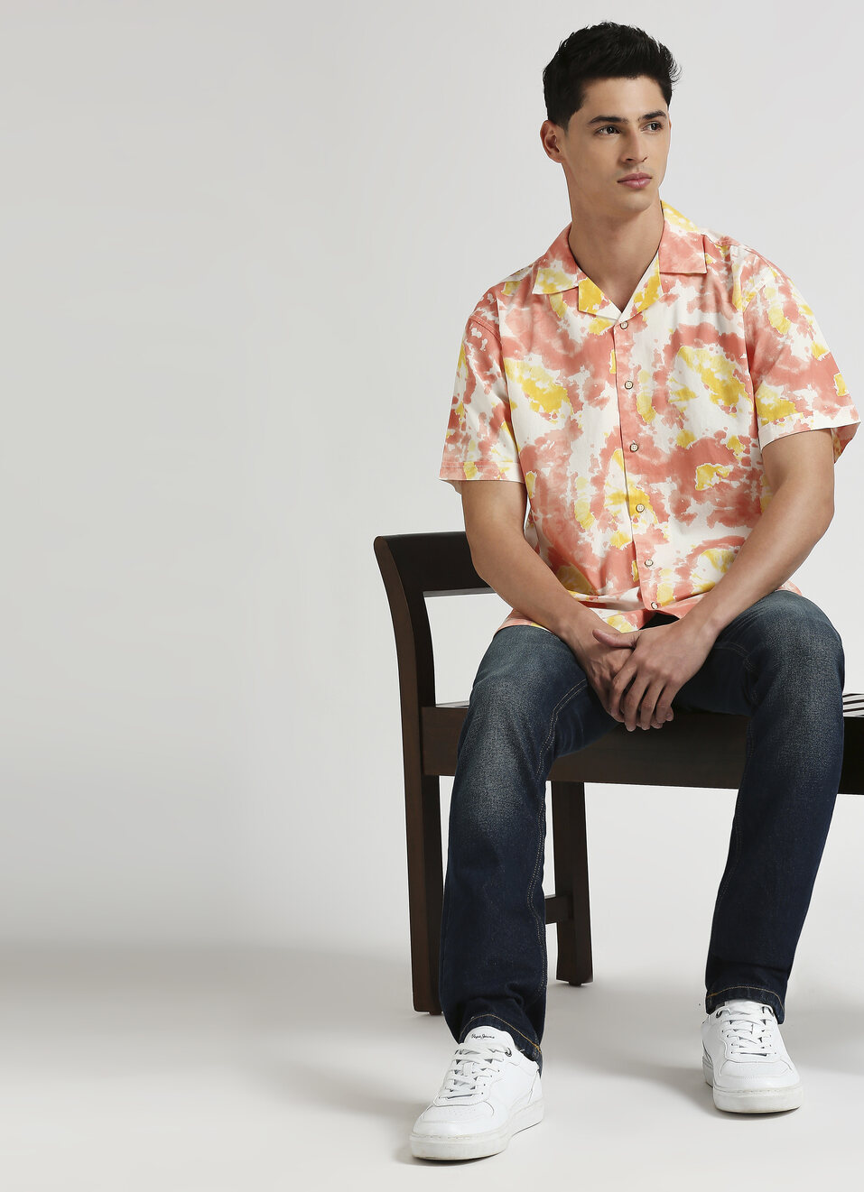 Peach Tie And Dye Print Short Sleeve Shirt, , large image number 5