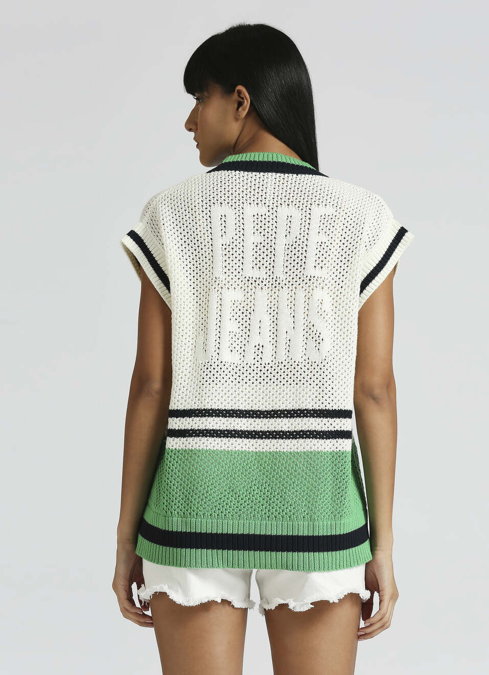 Green Oversized Self-Design Sleeveless Knitted Varsity Vest, , large image number 2