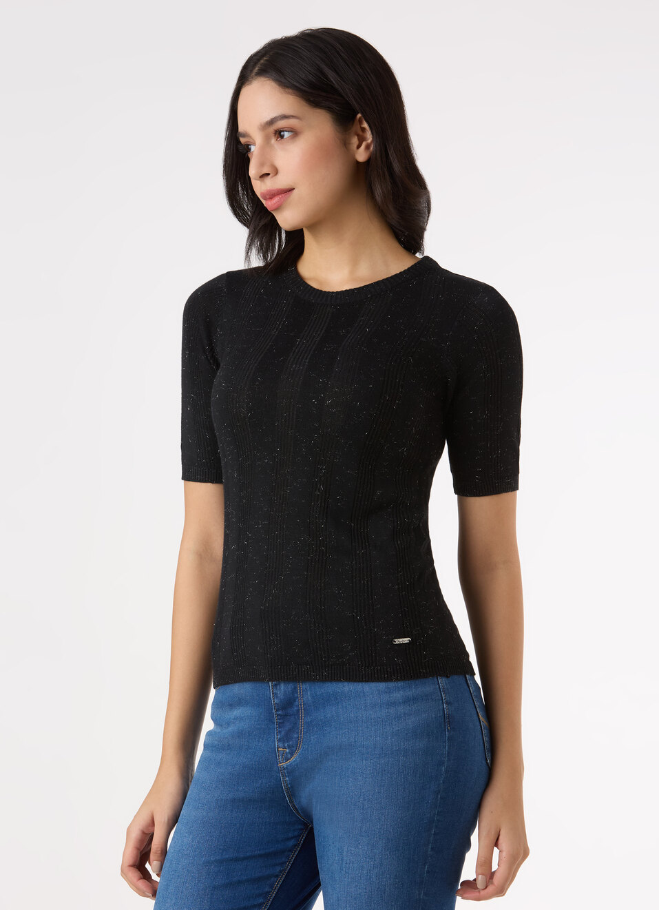 Women Black Textured Regular Half Sleeve Top, , large image number 3
