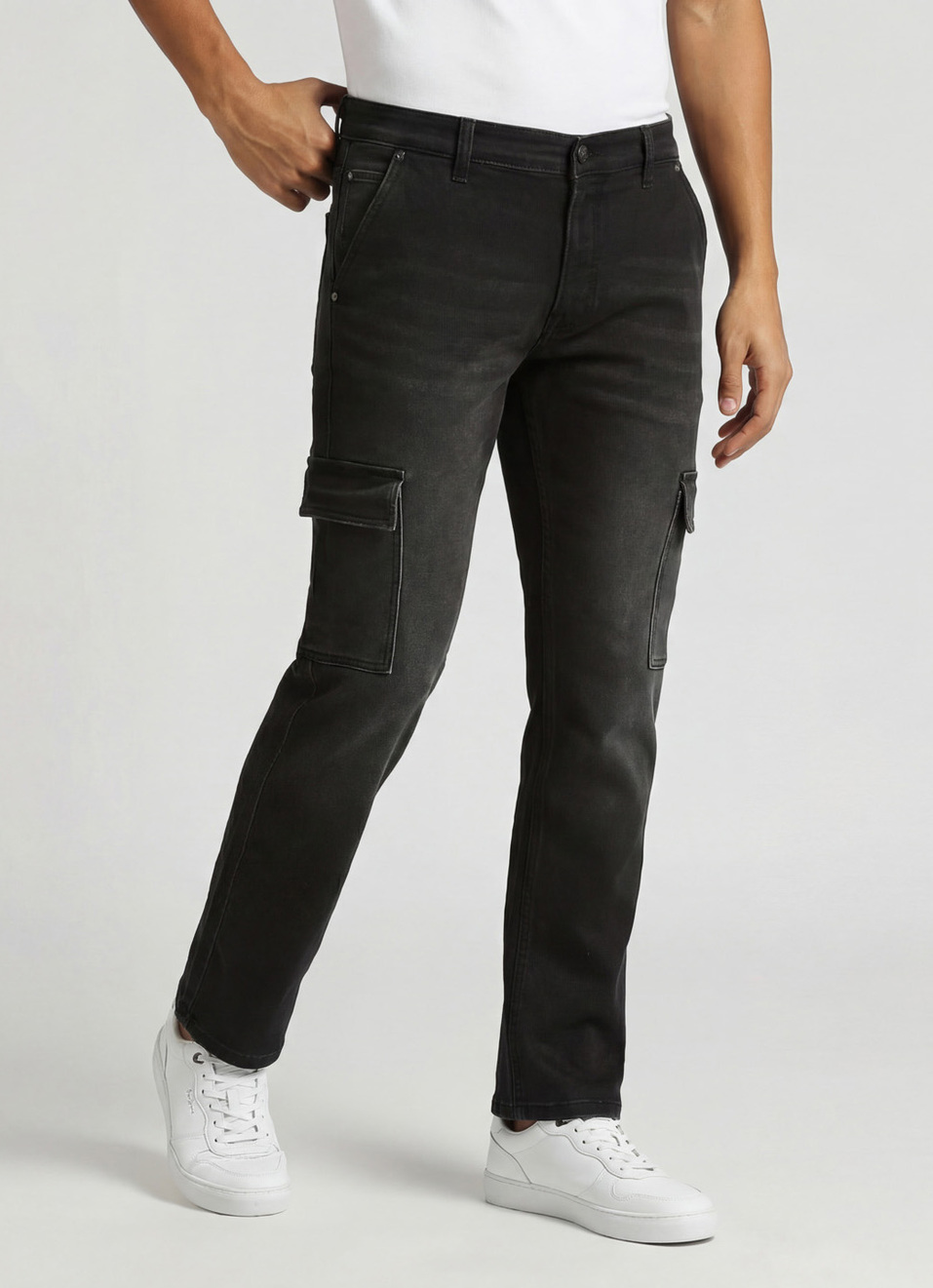 Cargo Straight Mid Waist Black Gymindigo Jeans, , large image number 0