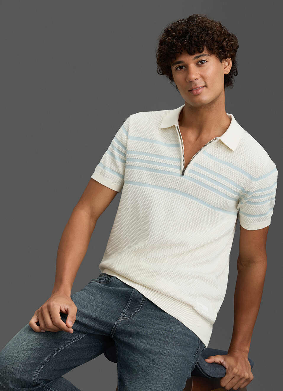 Men Off White Regular Fit Short Sleeve Striped Zip Knitted Polo, , large image number 0