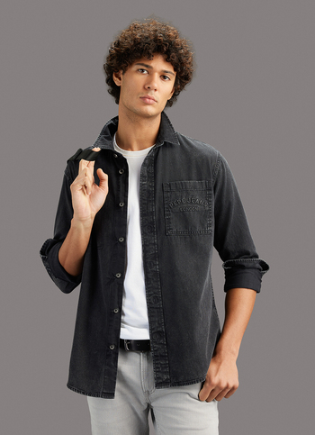 Men Black Solid Regular Fit Denim Shirt
