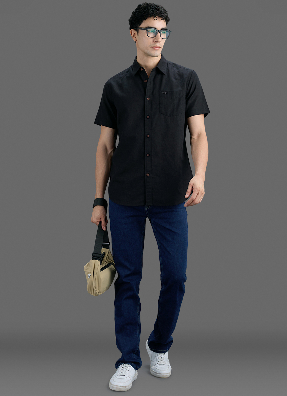 Men Black Solid Cotton Linen Short Sleeve Shirt, , large image number 2