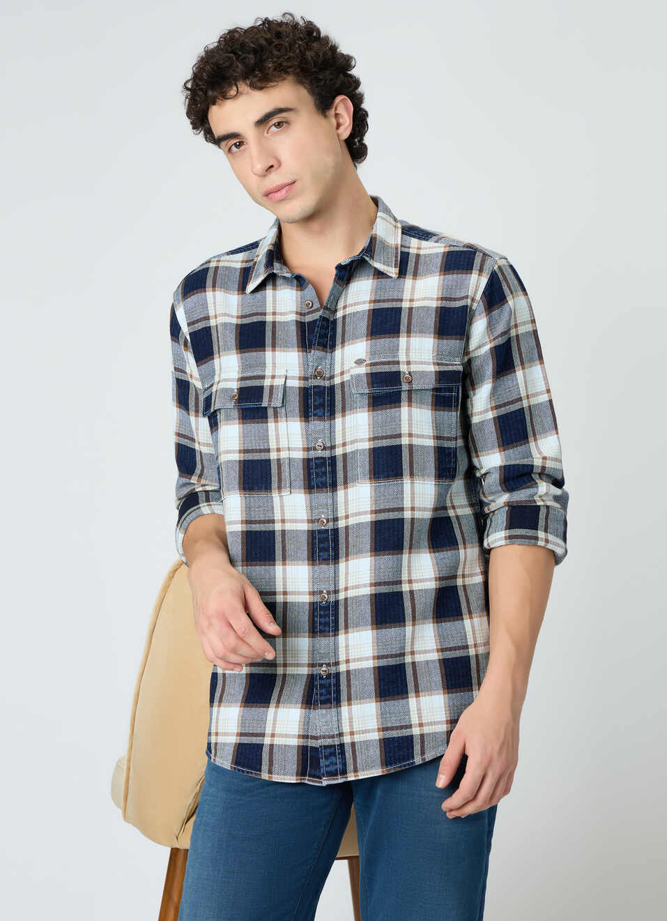 Men Indigo Blue Checked Shirt, , large image number 0