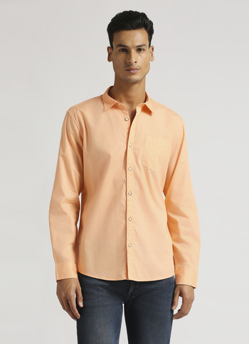 Peach Solid Single Pocket Long Sleeve Shirt