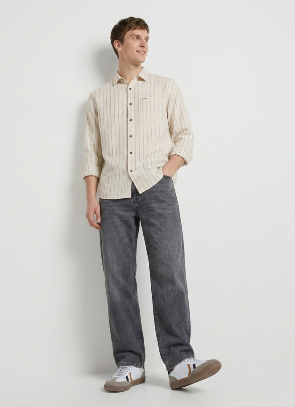 Men Beige Striped Dobby Long Sleeve Shirt, , large image number 5