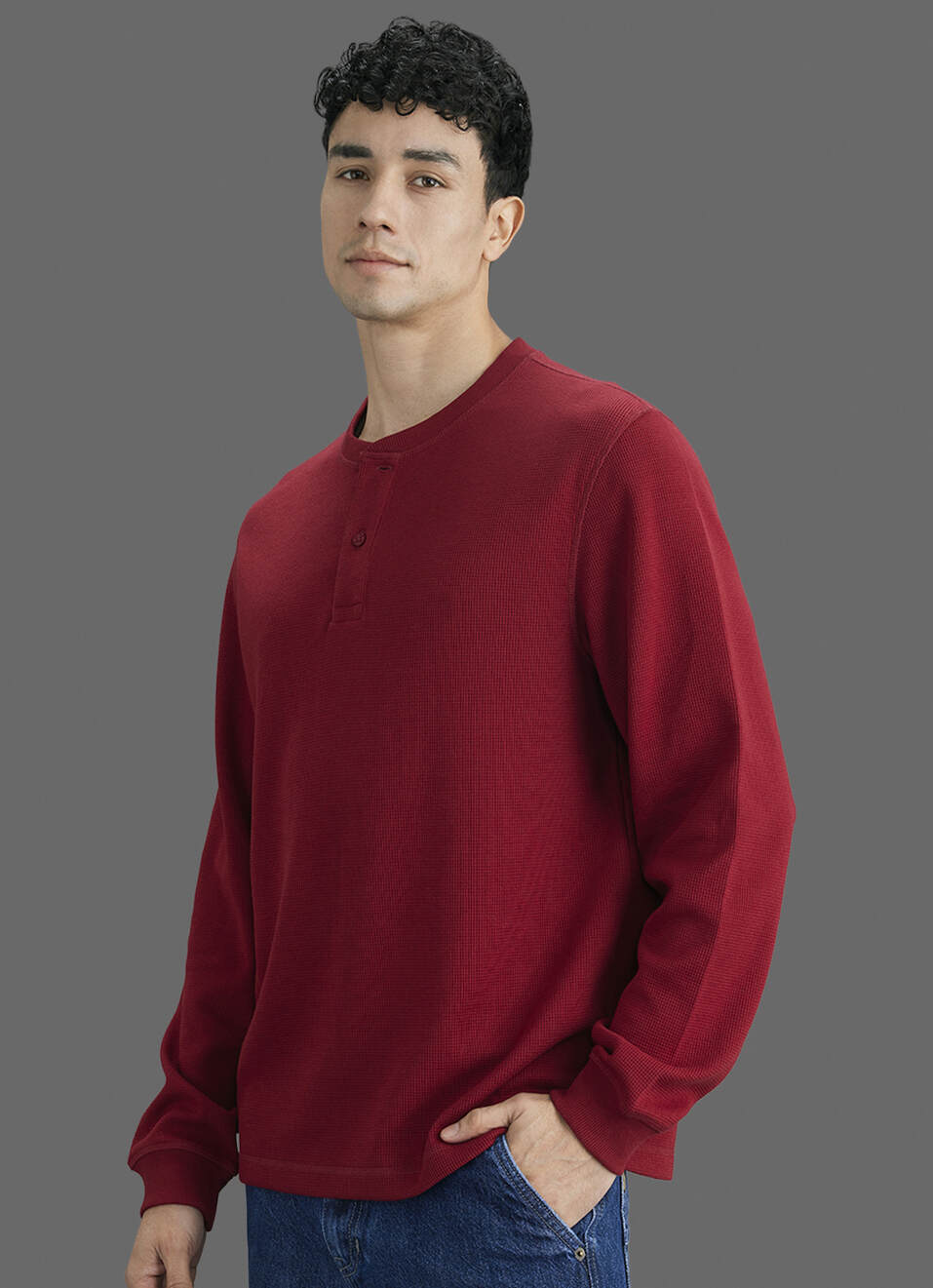 Men Red Solid Slim Fit Long Sleeve Henley T-shirt, , large image number 7