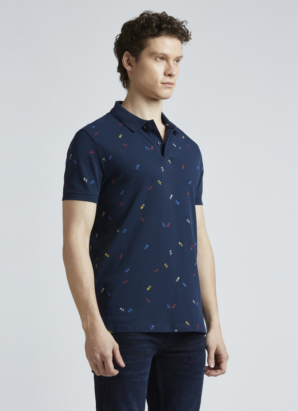 Blue Typographic Print Short Sleeve Polo, , large image number 3