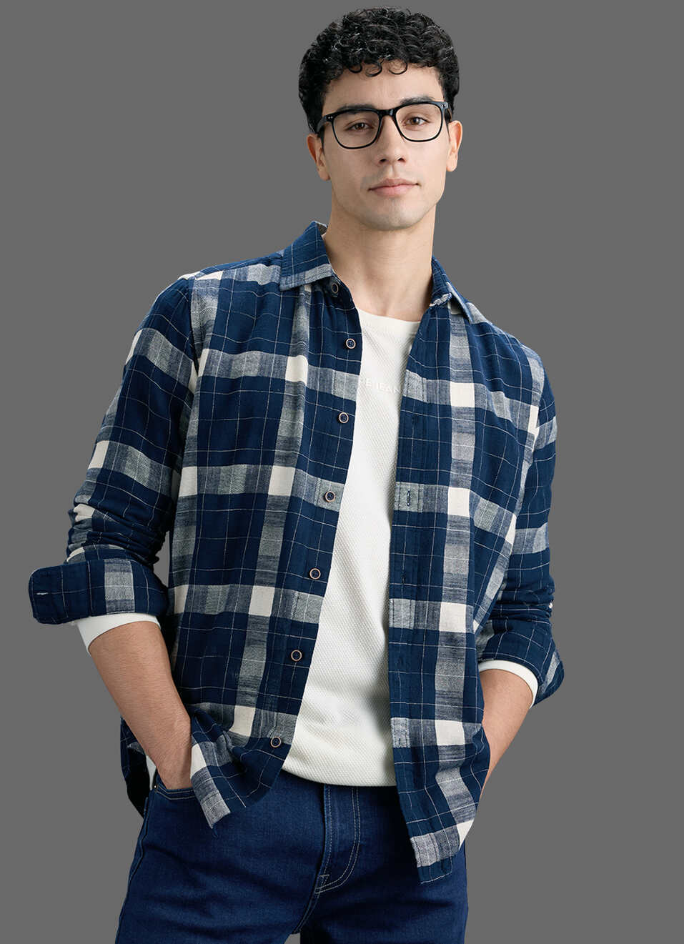 Men Navy Checked Dobby Long Sleeve Shirt, , large image number 0