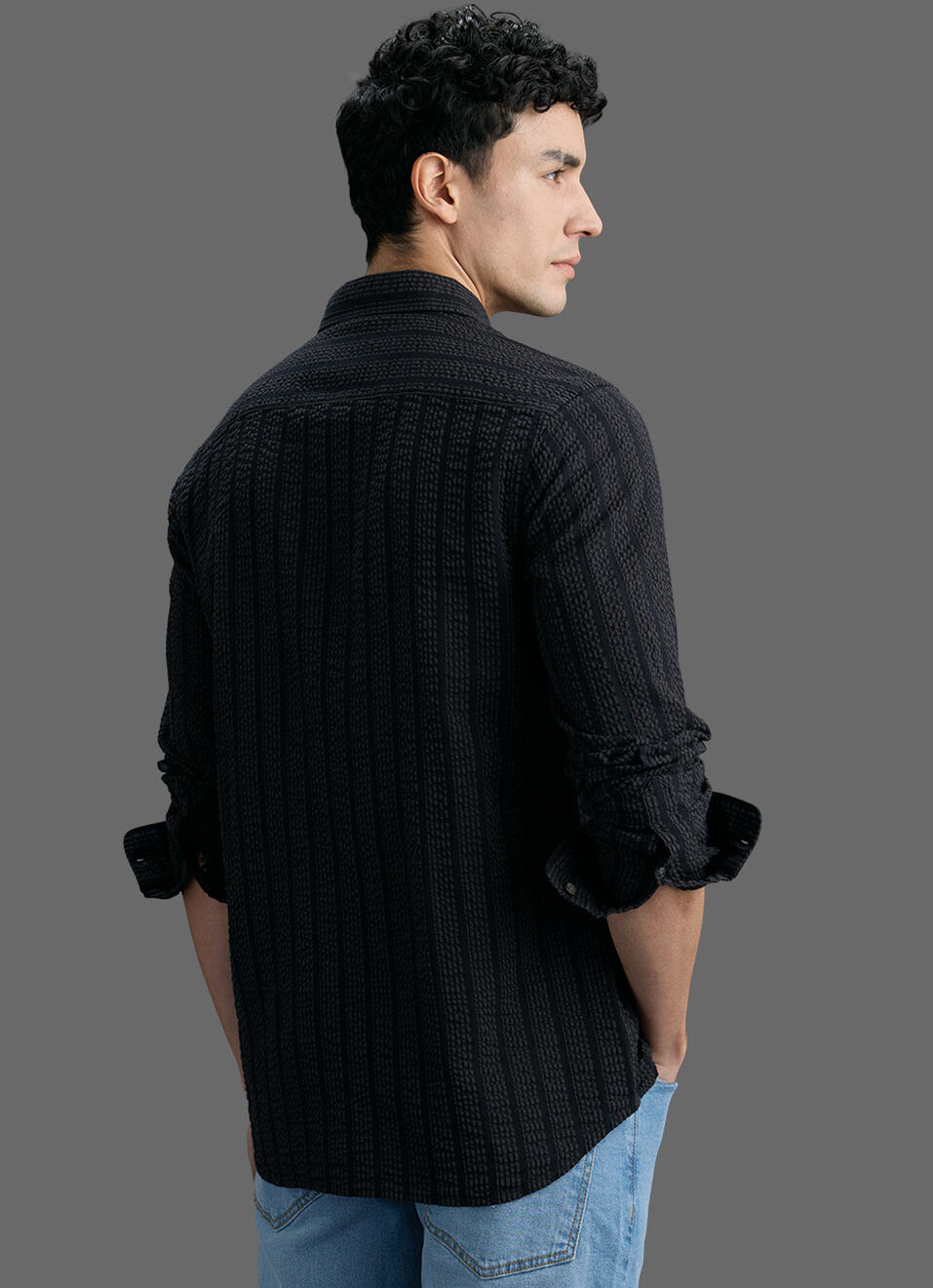 Men Black Striped Seersucker Long Sleeve Shirt, , large image number 6