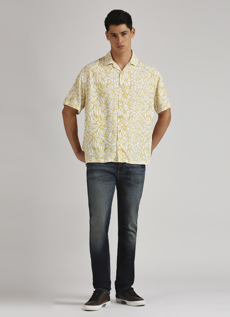 Yellow All Over Print Resort Collar Trendy Short Sleeve Shirt, , large image number 5