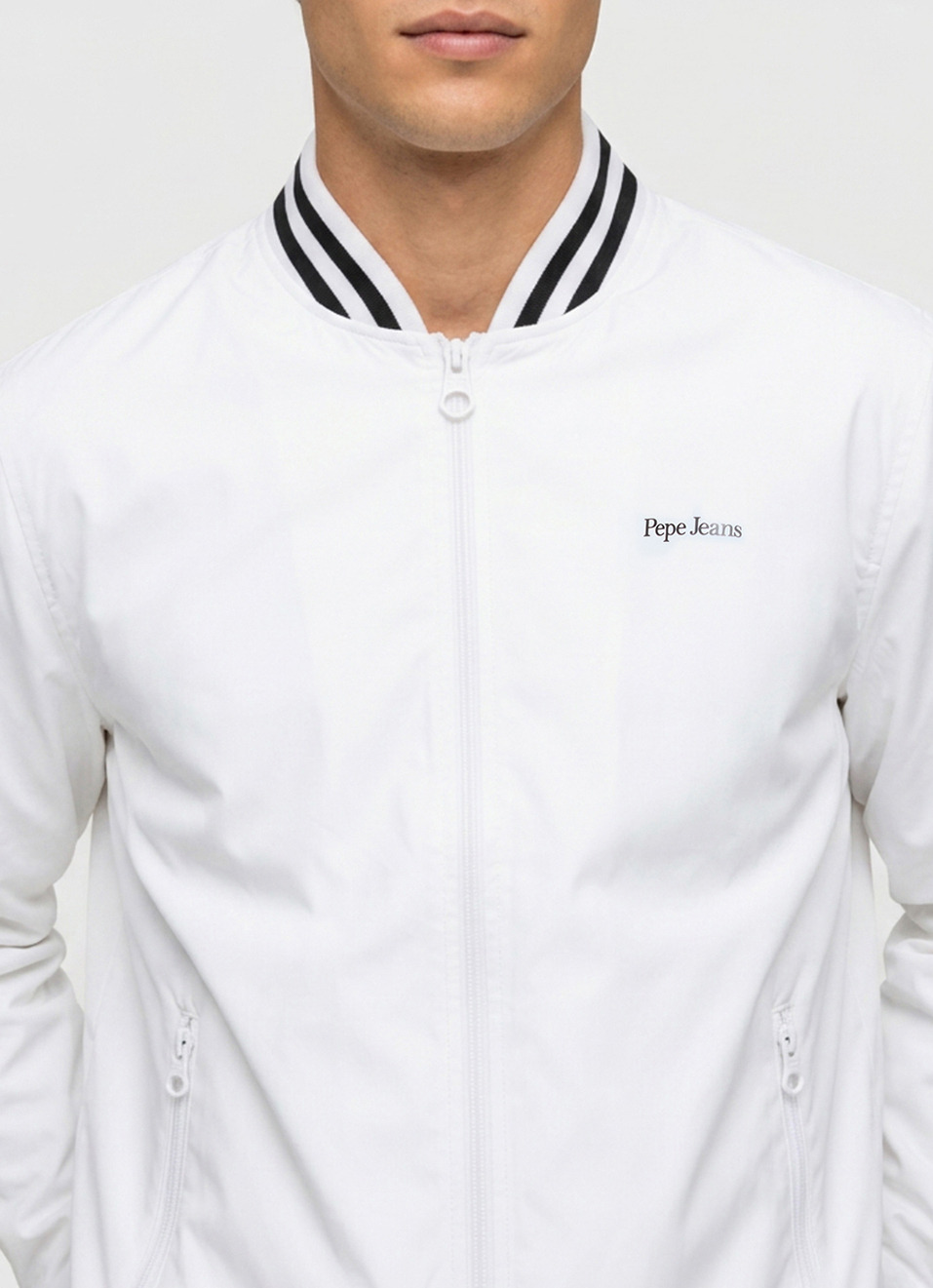Men White Solid Baseball Collar Long Sleeve Jacket, , large image number 4