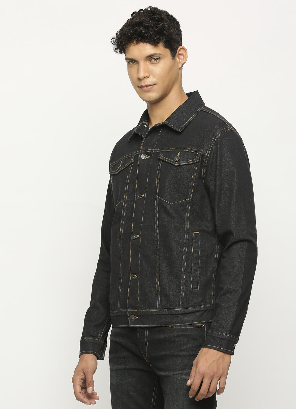 Black Front Pocket Trucker Fit Denim Jacket, , large image number 3