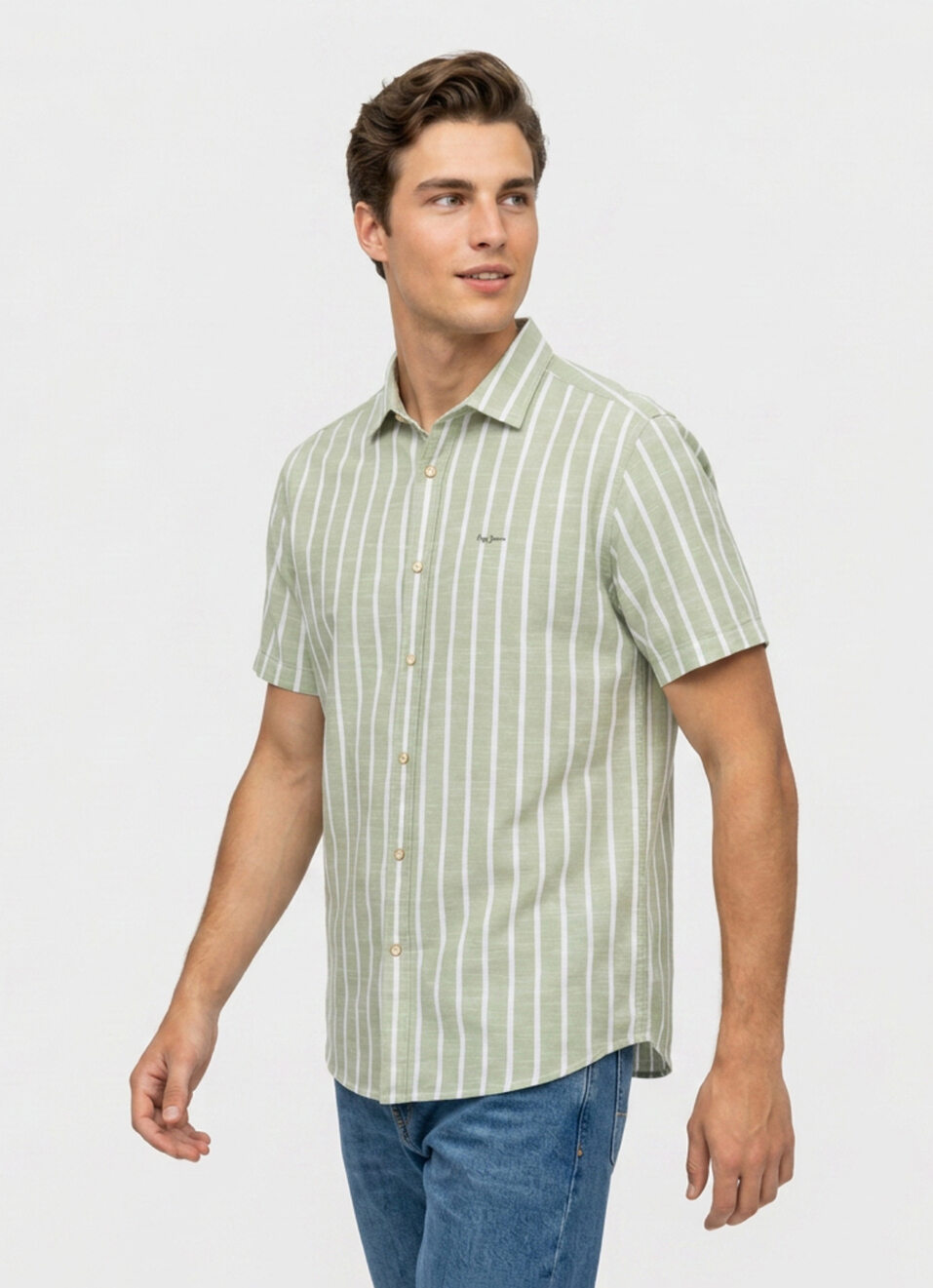 Men Green Striped Cotton Slub Short Sleeve Shirt, , large image number 3