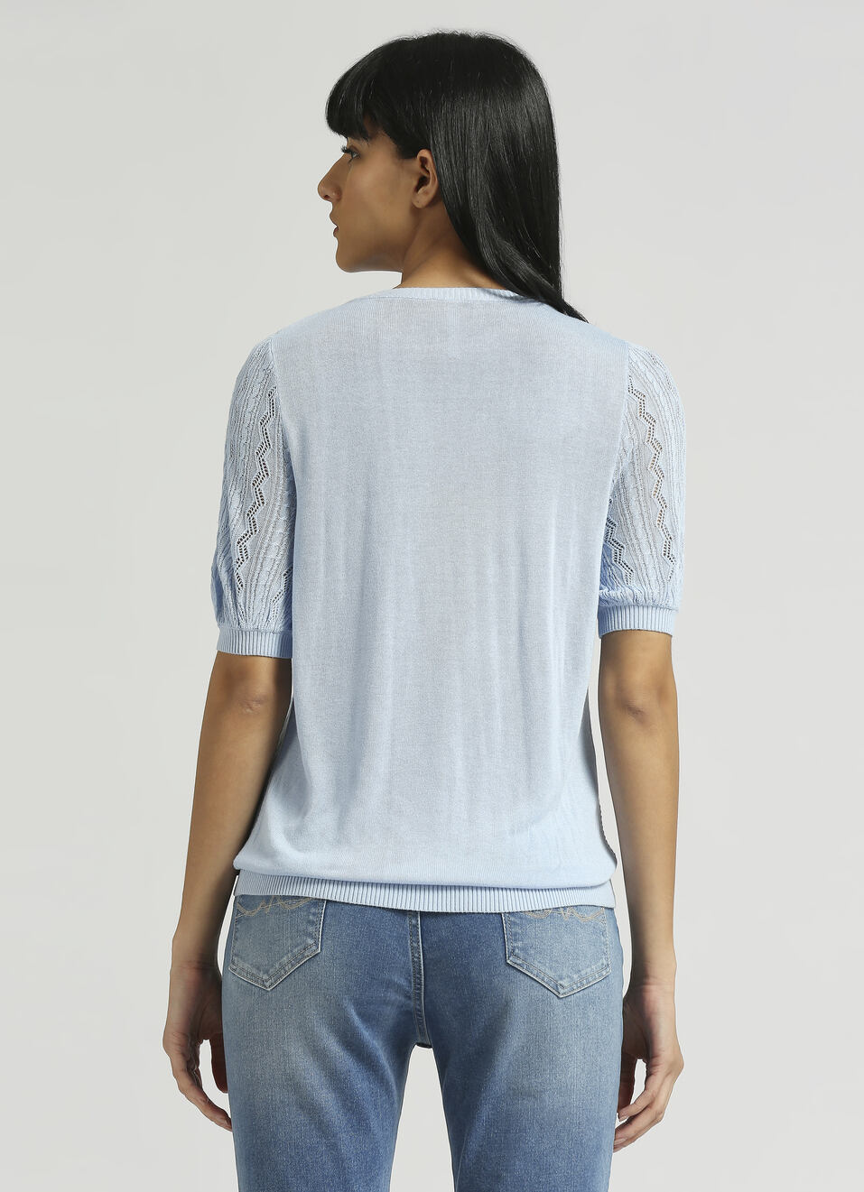 Light Blue Embroidered Short Sleeve Flat Knit Top, , large image number 2