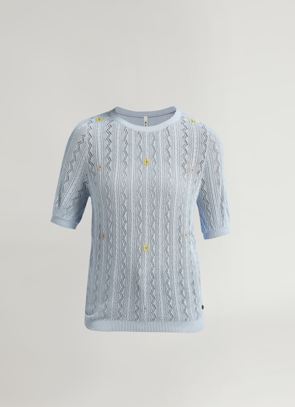 Light Blue Embroidered Short Sleeve Flat Knit Top, , large image number 6