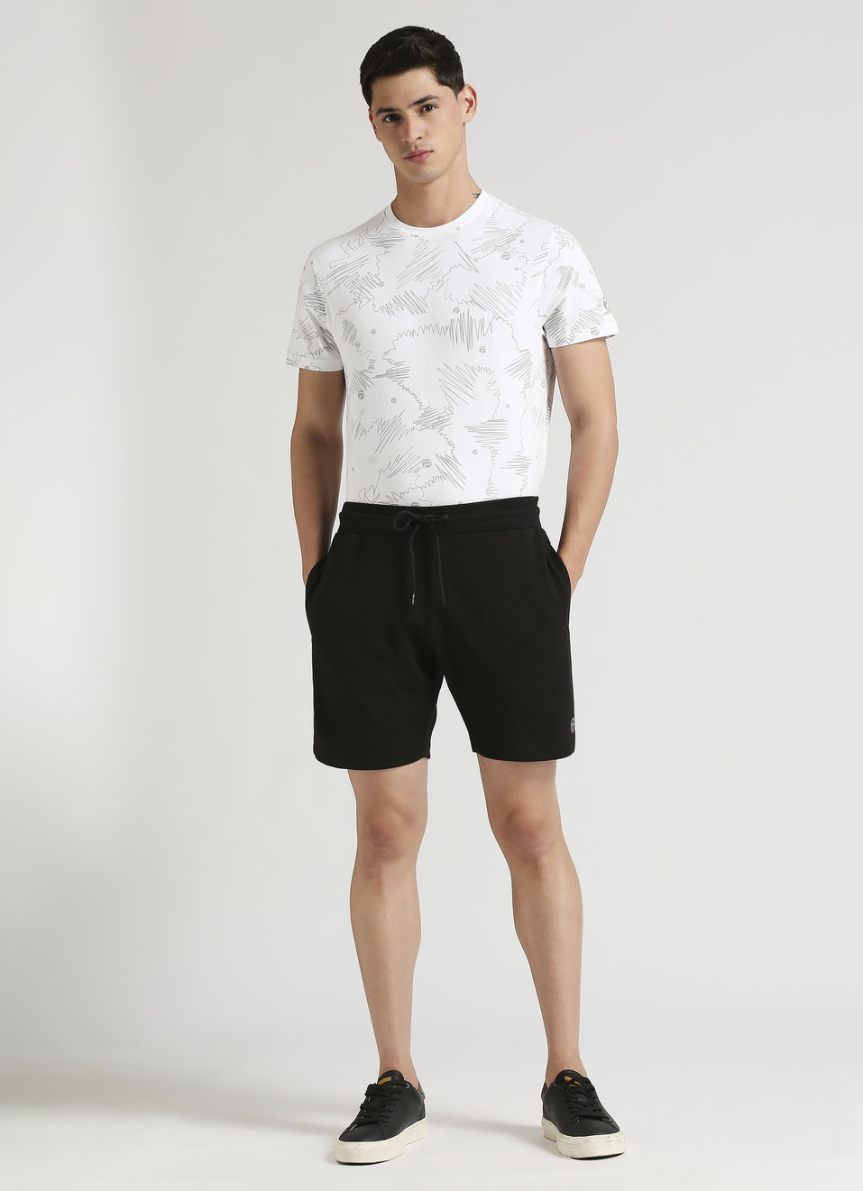 Black Cut And Sew Applique Mesh Shorts, , large image number 5