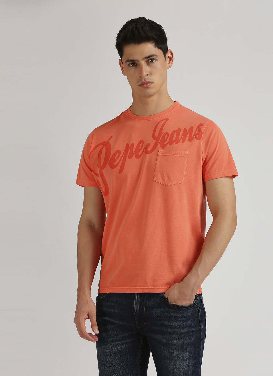 Peach Single Pocket Overdyed Short Sleeve T-shirt, , large image number 1