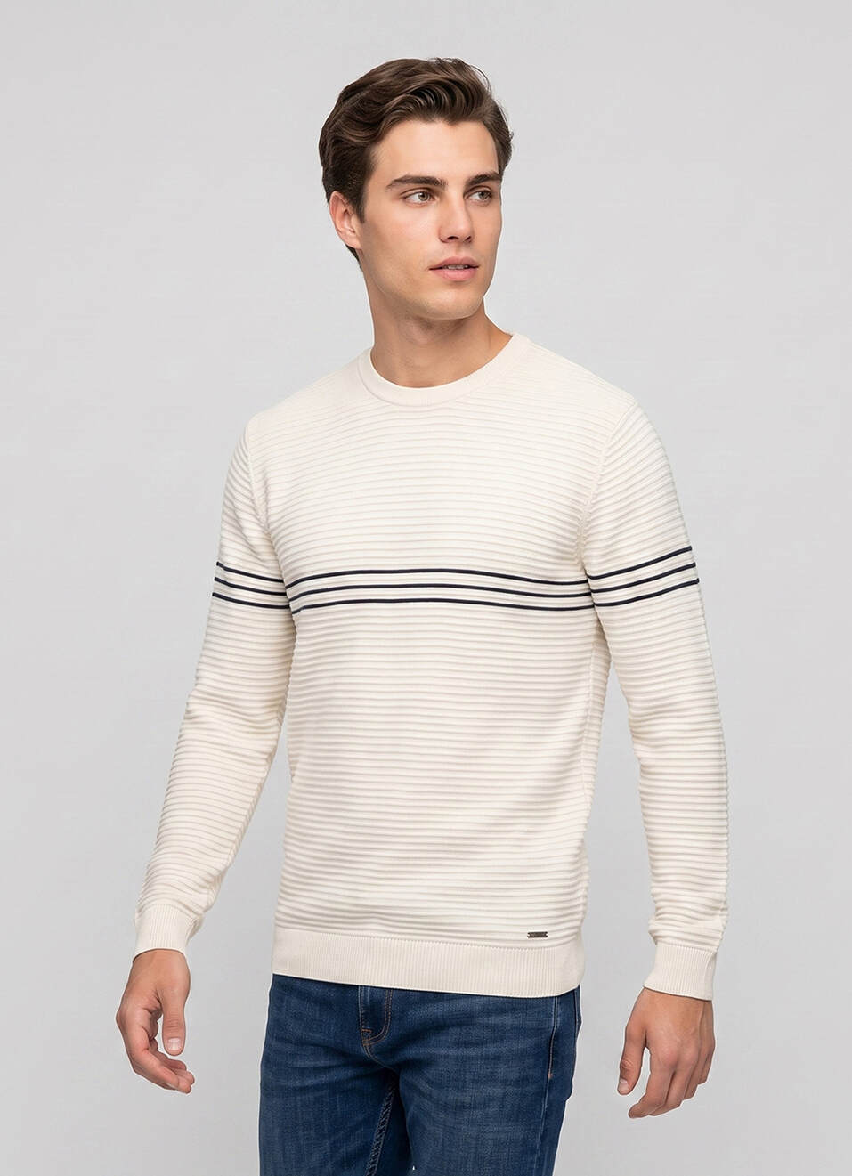 Men White Striped Full Sleeve Flat Knit Sweater, , large image number 3