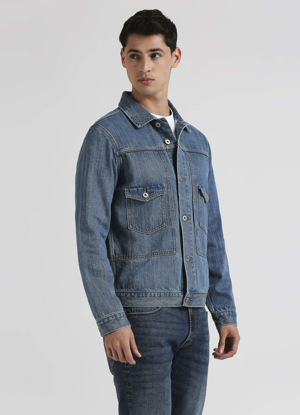 Light Blue Twill Utility Pocket Long Sleeve Trucker Jacket, , large image number 3