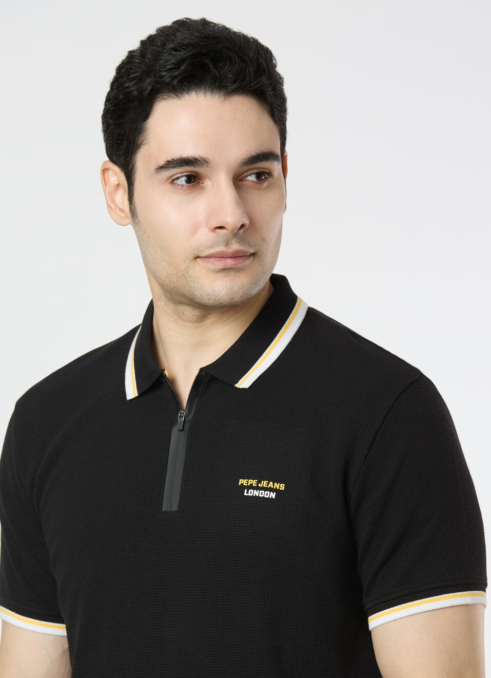 Men Black Zipper Polo Collar T-shirt, , large image number 4