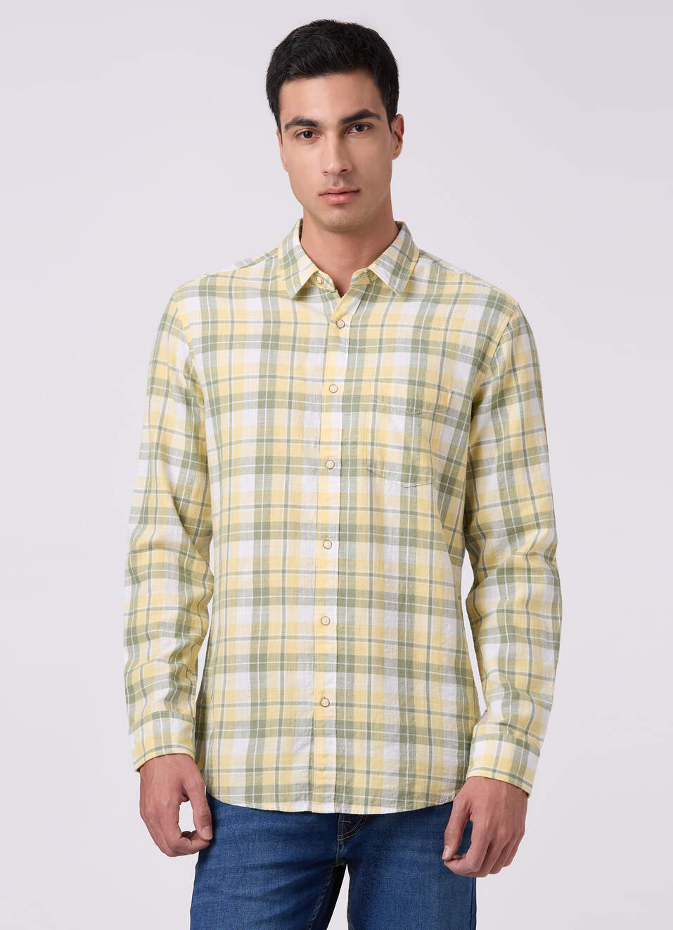 Men Yellow Checked Shirt, , large image number 1