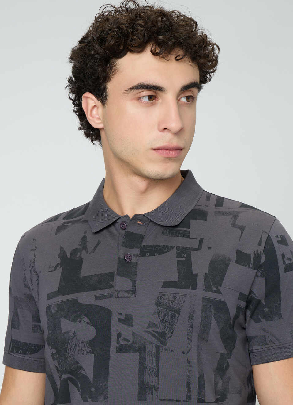 Men Grey Printed Polo Collar T-shirt, , large image number 4