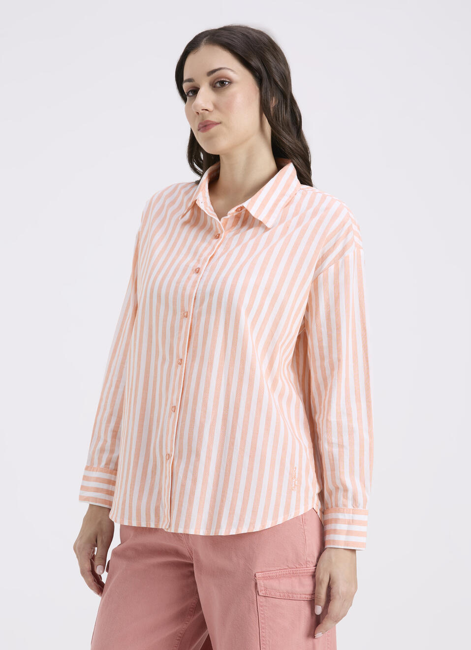 Women Orange Vertical Stripe Full Sleeve Oversized Shirt, , large image number 3