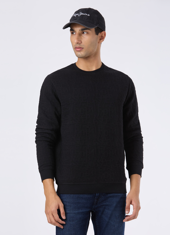 Men Black Self Textured Regular Fit Sweatshirt