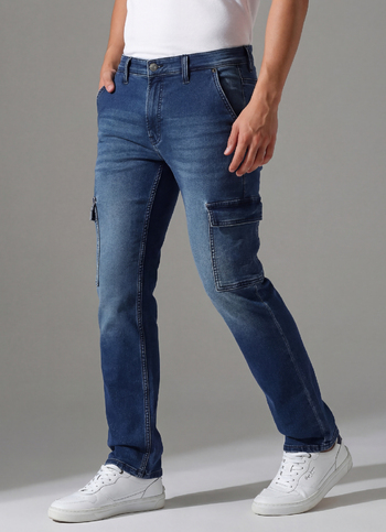 Cargo Straight Mid Rise Dark Blue Jeans