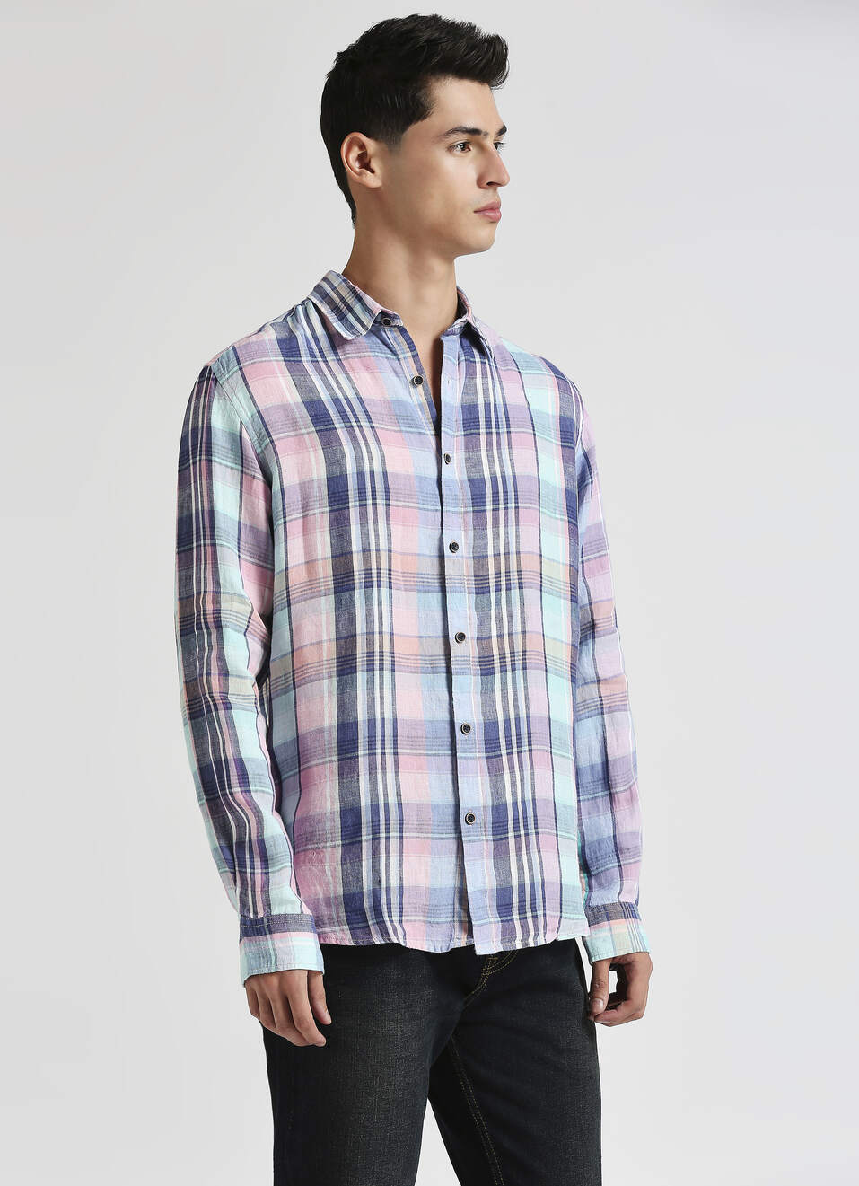 Blue Checks Pure Linen Long Sleeve Shirt, , large image number 3