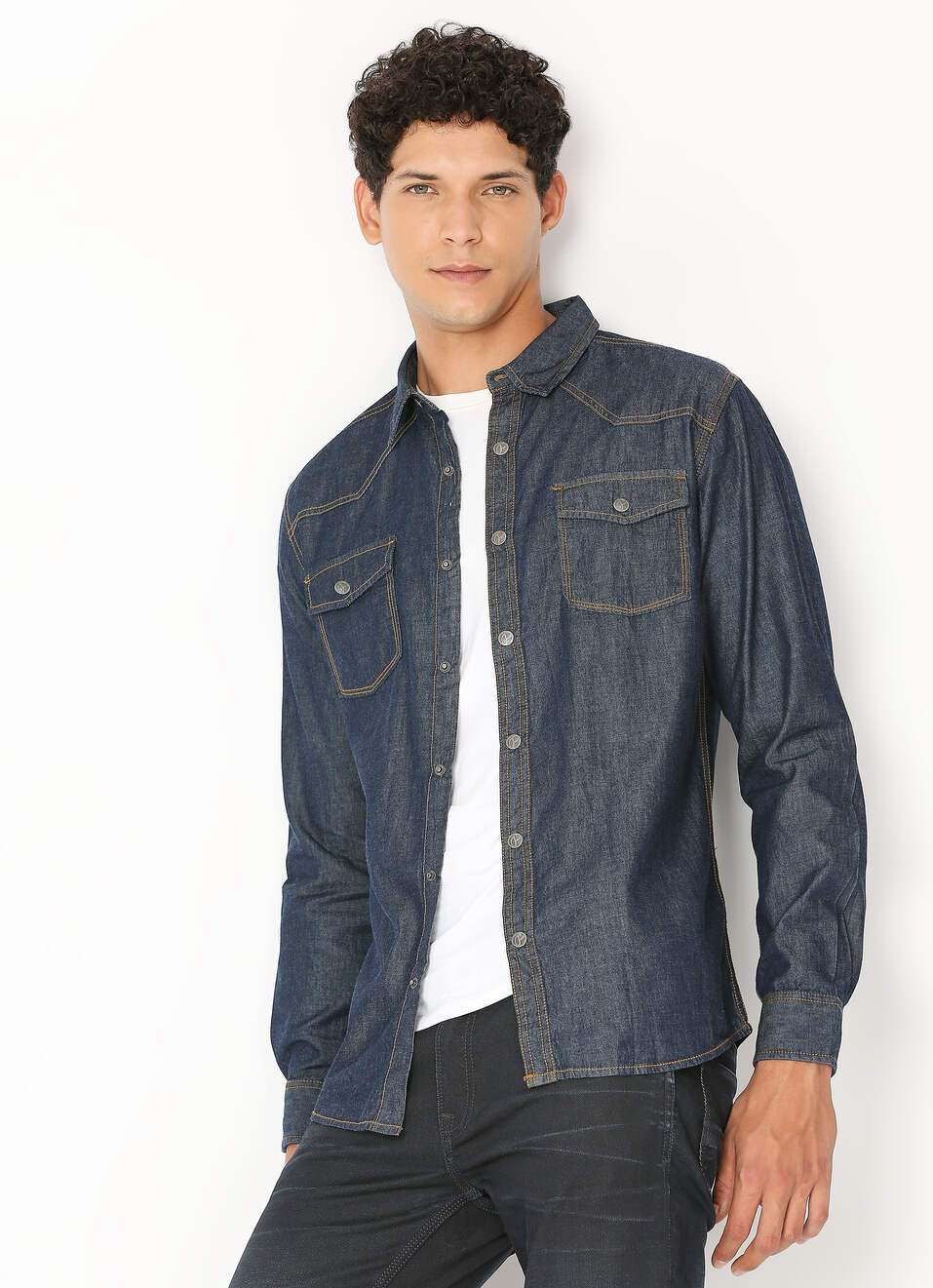 Blue Raw Double Pocket Full Sleeve Shirt, , large image number 0