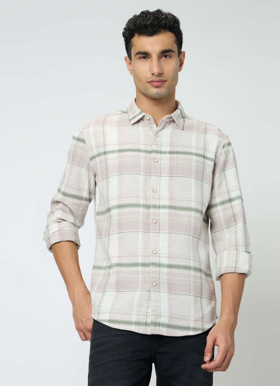Men Olive Green Checked Shirt, , large image number 1