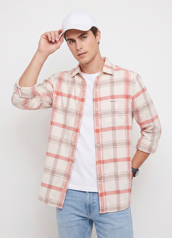 Men Off White Checked Brushed Long Sleeve Shirt