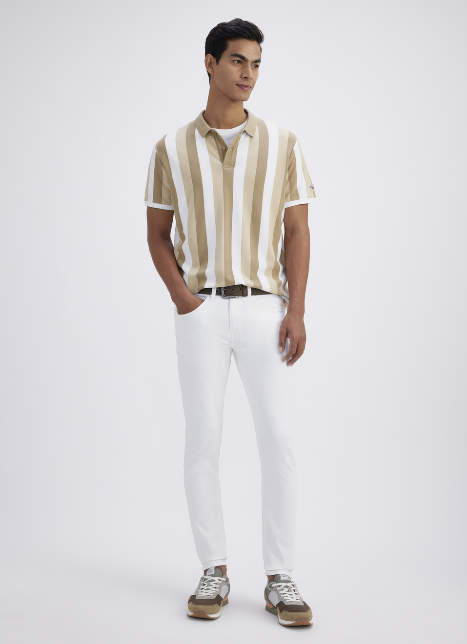 Men Beige All Over Stripe Short Sleeve Polo, , large image number 5
