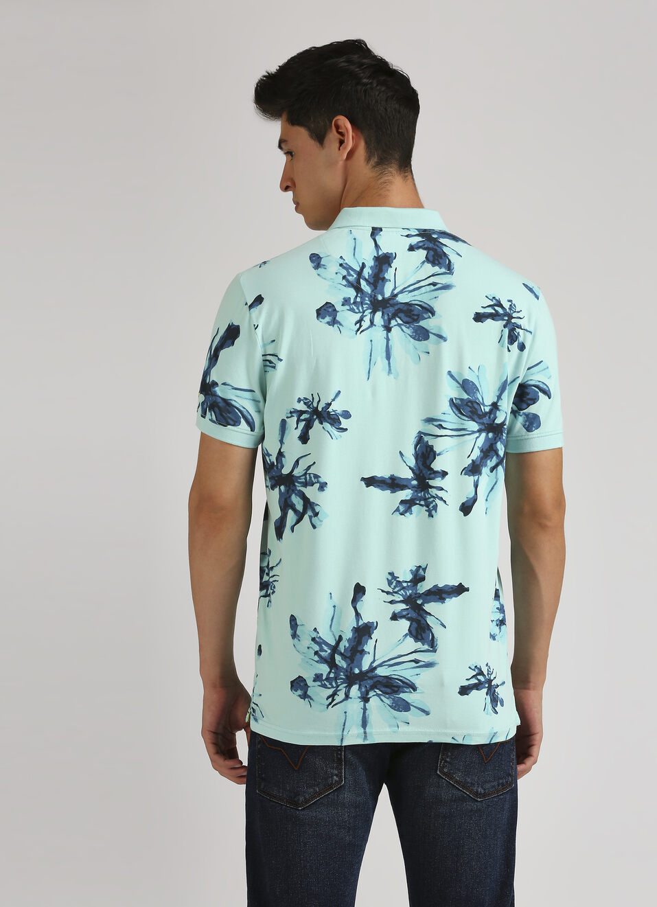 Green  Floral Print Short Sleeve Stretch Polo, , large image number 2