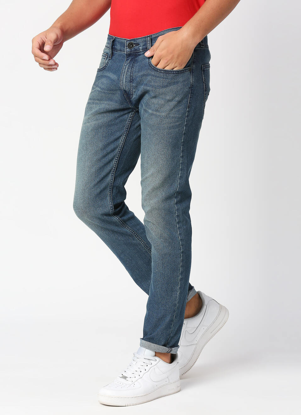 TAPERED VAPOUR Low Rise Jeans, Med Blue Denim, , large image number 2