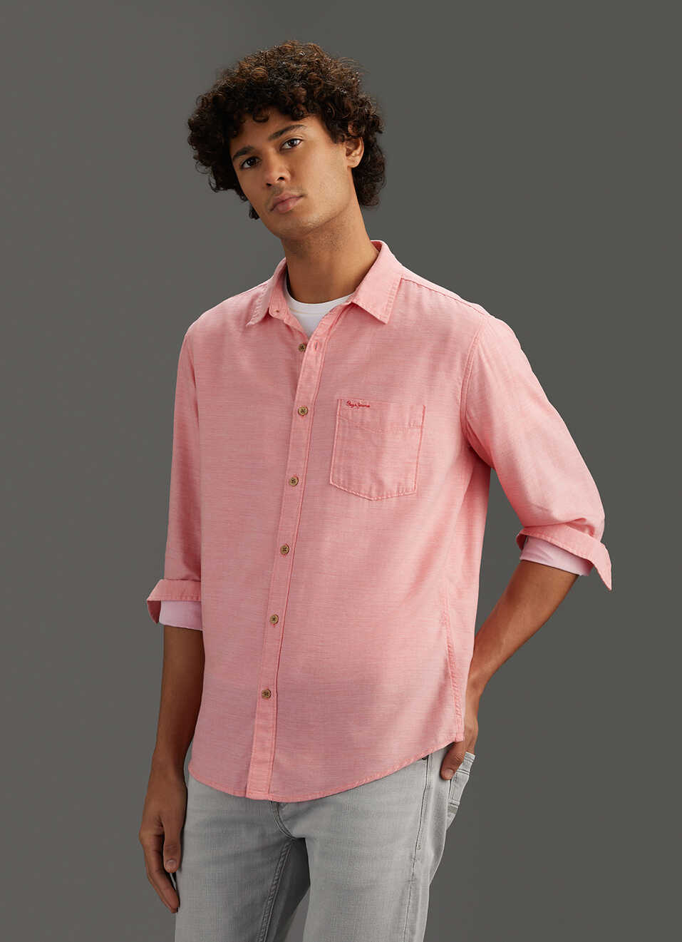 Men Coral Pink Solid Regular Fit Cotton Lyocell Shirt, , large image number 7