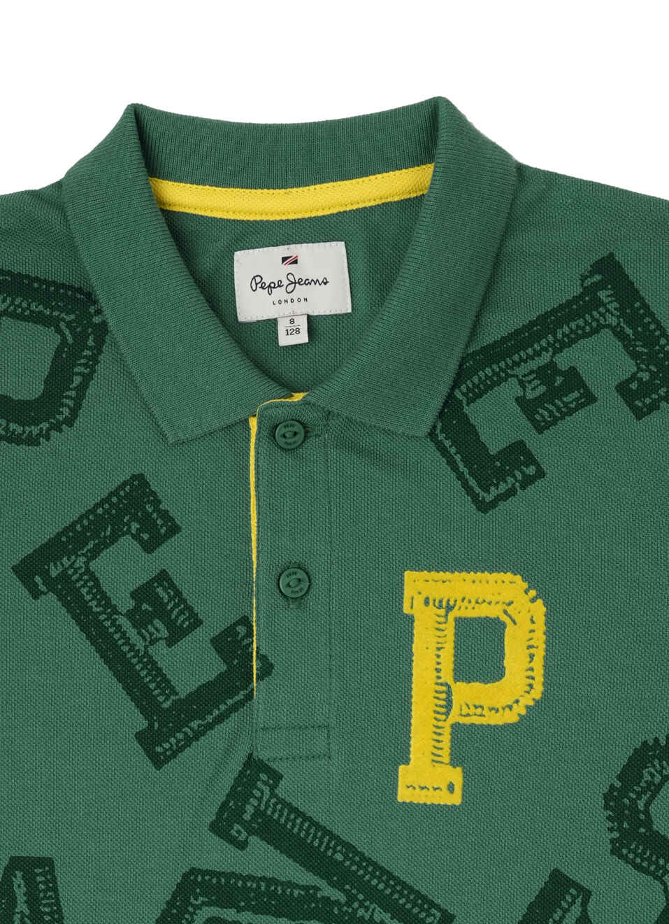 Boys Green Typographic Ribbed Collar Pique Polo, , large image number 2
