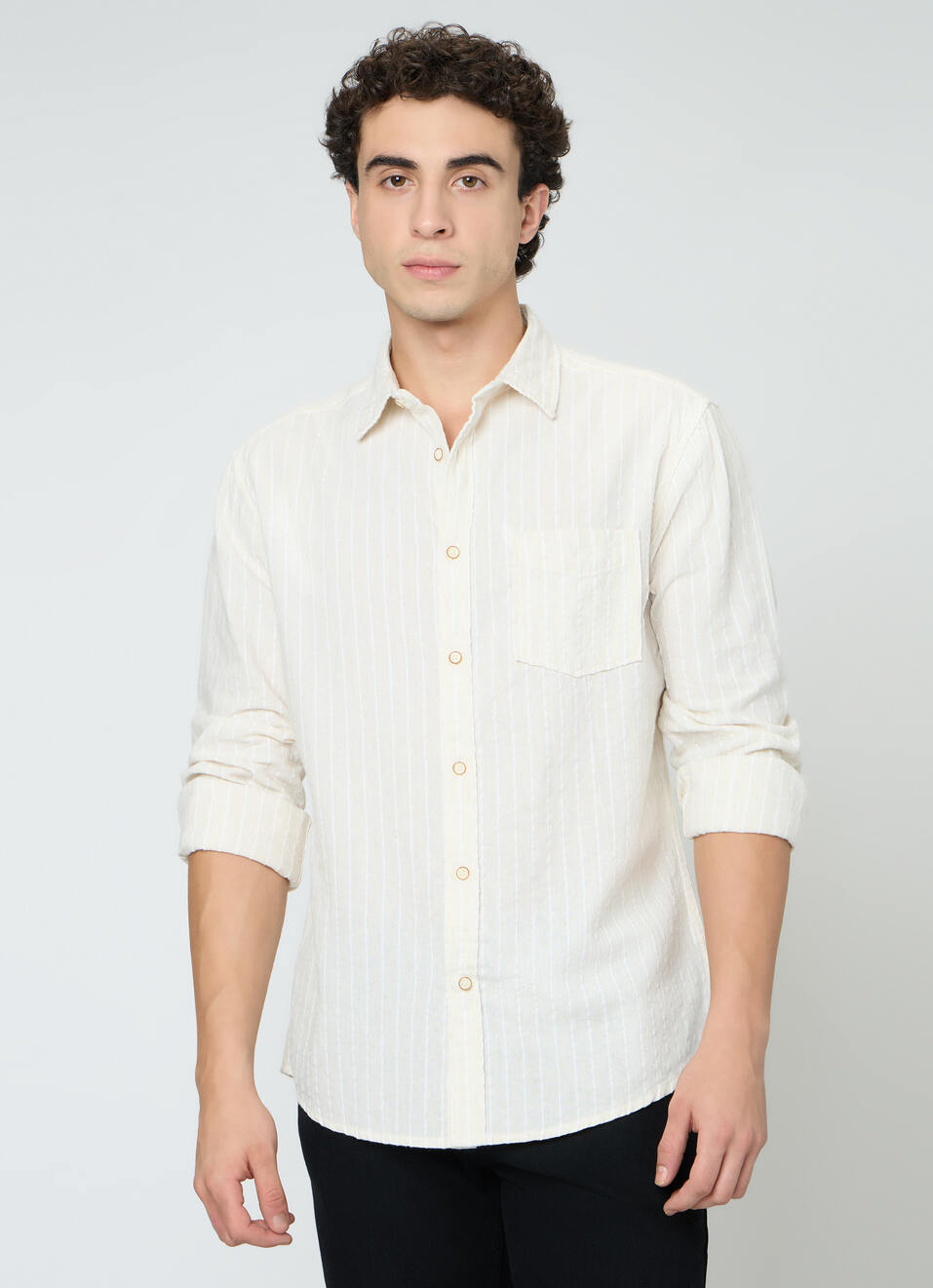 Men Natural Beige Striped Shirt, , large image number 1