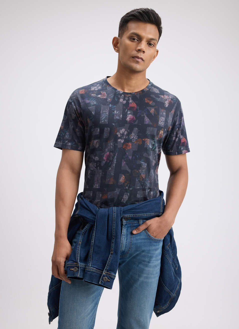 Men Black All Over Print Short Sleeve T-shirt, , large image number 0