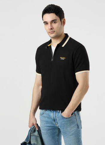 Men Black Zipper Polo Collar T-shirt