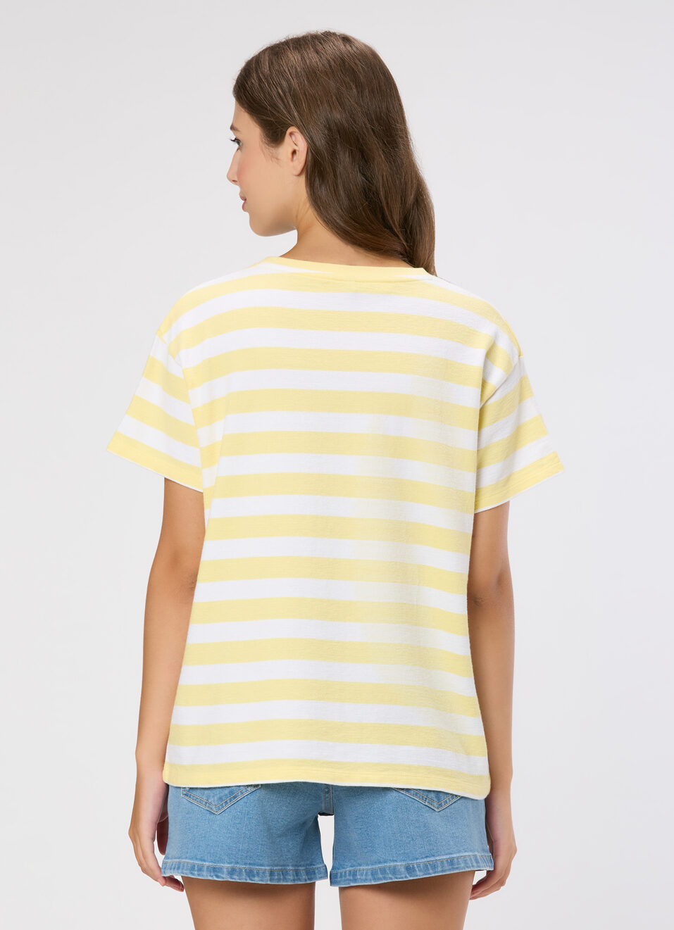 Women Yellow Striped Crochet Patch T-shirt, , large image number 2