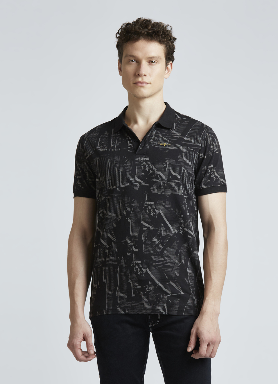 Black Abstract Print Short Sleeve Polo, , large image number 1